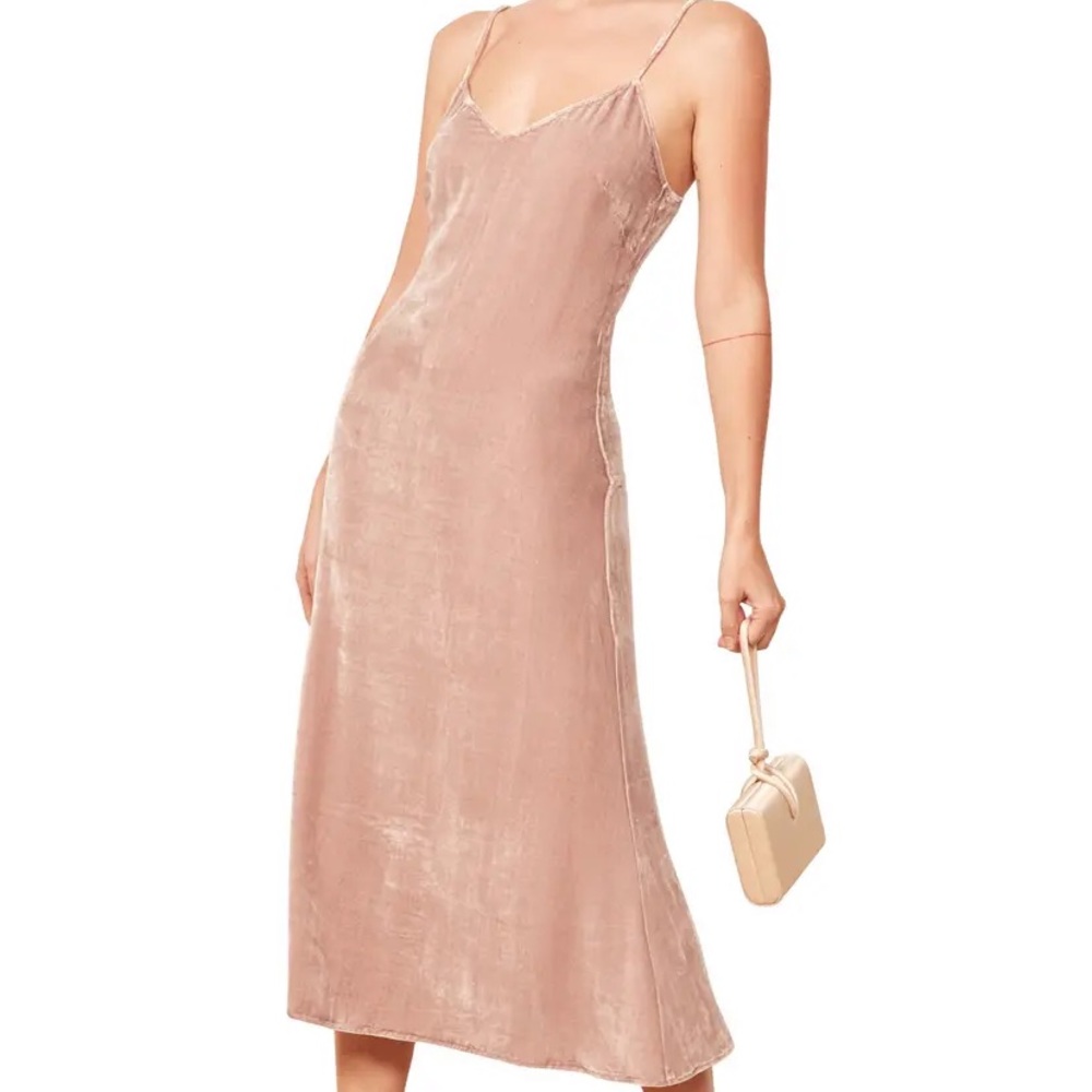 Reformation Pink Slip Midi Dress for Wedding Guest